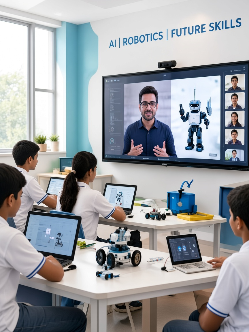 Students in an AI and robotics classroom