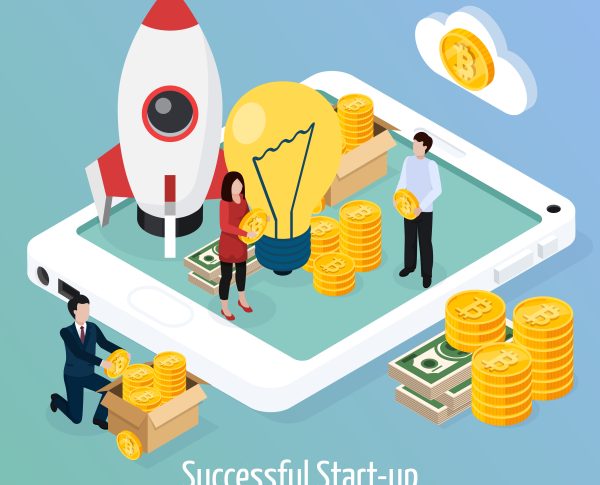 Cryptocurrency successful startup isometric composition on gradient background with creative idea, mobile device, investments, profit vector illustration