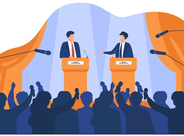 Politicians talking or having debates in front of audience flat vector illustration. Cartoon male public speakers standing on rostrum and arguing. Politics, government and controversy concept